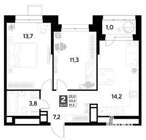2-к квартира, строящийся дом, 51м2, 10/21 этаж
