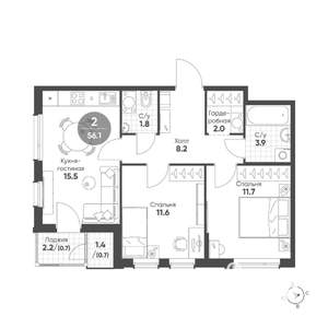 2-к квартира, строящийся дом, 56м2, 4/15 этаж