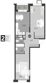 2-к квартира, строящийся дом, 64м2, 18/21 этаж