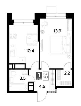 1-к квартира, строящийся дом, 35м2, 18/21 этаж