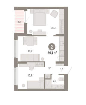 2-к квартира, вторичка, 56м2, 7/16 этаж