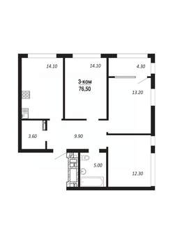 3-к квартира, строящийся дом, 77м2, 6/16 этаж