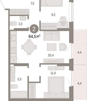 2-к квартира, вторичка, 65м2, 5/9 этаж
