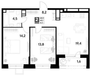 2-к квартира, вторичка, 62м2, 18/21 этаж