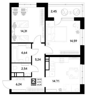 2-к квартира, строящийся дом, 64м2, 18/21 этаж