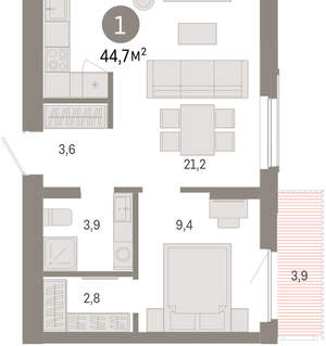 1-к квартира, вторичка, 45м2, 5/16 этаж
