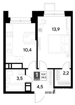 1-к квартира, строящийся дом, 35м2, 11/21 этаж