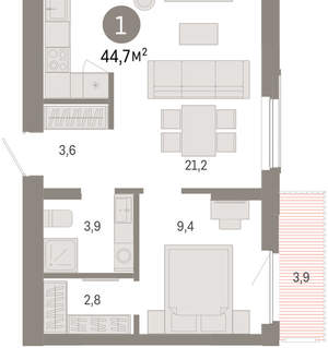1-к квартира, вторичка, 45м2, 4/16 этаж