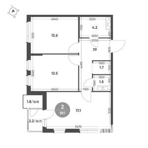 2-к квартира, вторичка, 59м2, 12/13 этаж