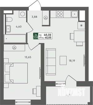 1-к квартира, строящийся дом, 45м2, 4/7 этаж