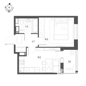 1-к квартира, строящийся дом, 38м2, 2/12 этаж