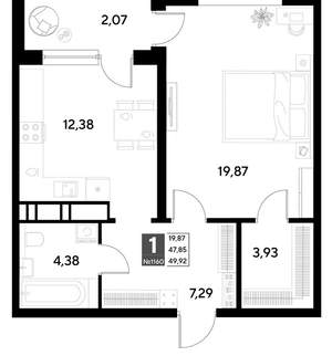 1-к квартира, строящийся дом, 50м2, 9/21 этаж