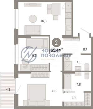 2-к квартира, строящийся дом, 65м2, 6/8 этаж