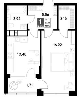 1-к квартира, строящийся дом, 41м2, 19/21 этаж