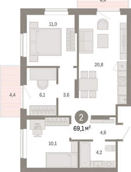 3-к квартира, вторичка, 69м2, 4/9 этаж