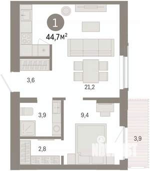 1-к квартира, вторичка, 45м2, 4/8 этаж