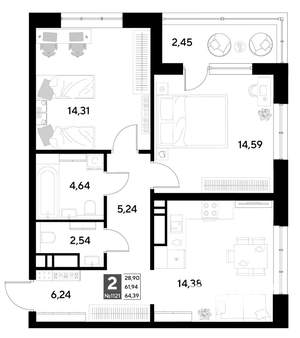 2-к квартира, строящийся дом, 64м2, 5/22 этаж