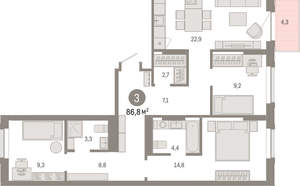 3-к квартира, вторичка, 87м2, 8/9 этаж