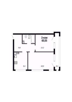 2-к квартира, строящийся дом, 60м2, 19/22 этаж