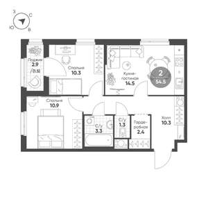 2-к квартира, строящийся дом, 55м2, 4/12 этаж