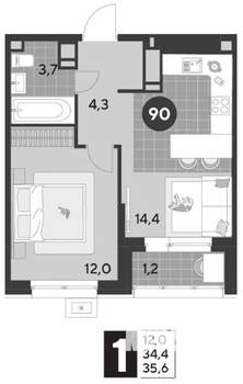 1-к квартира, строящийся дом, 36м2, 8/21 этаж