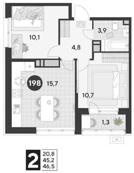 2-к квартира, строящийся дом, 47м2, 17/21 этаж