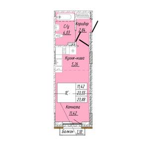 1-к квартира, строящийся дом, 24м2, 3/8 этаж