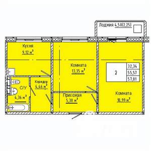 2-к квартира, строящийся дом, 58м2, 2/10 этаж