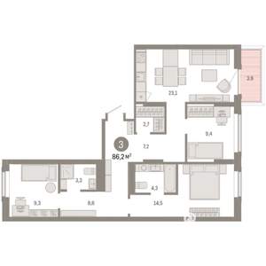 3-к квартира, вторичка, 86м2, 2/9 этаж