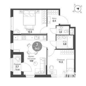 2-к квартира, строящийся дом, 56м2, 5/12 этаж