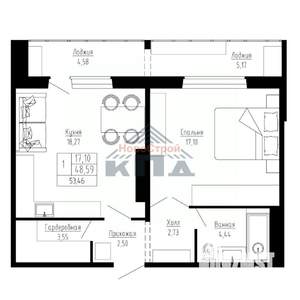 1-к квартира, вторичка, 53м2, 1/16 этаж