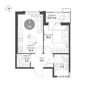 1-к квартира, строящийся дом, 38м2, 7/15 этаж