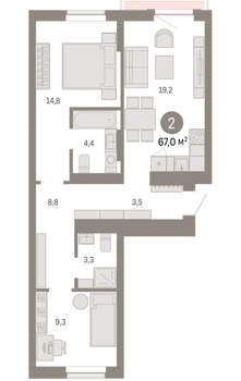 2-к квартира, вторичка, 67м2, 6/9 этаж