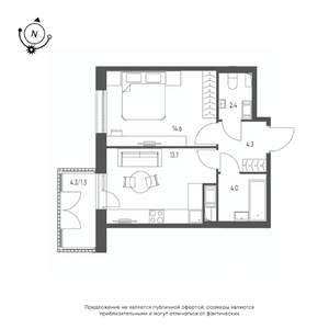 1-к квартира, строящийся дом, 40м2, 7/9 этаж