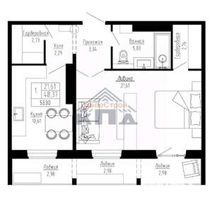 1-к квартира, строящийся дом, 53м2, 2/16 этаж