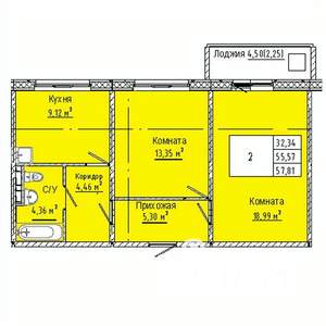 2-к квартира, строящийся дом, 58м2, 8/10 этаж