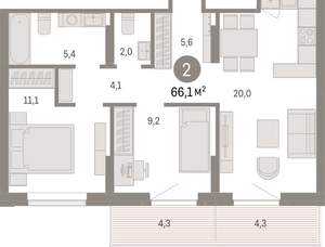 2-к квартира, вторичка, 66м2, 7/9 этаж