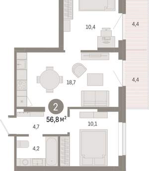 2-к квартира, вторичка, 57м2, 7/9 этаж