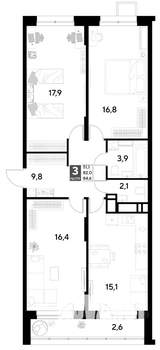 3-к квартира, строящийся дом, 85м2, 15/21 этаж