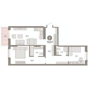 2-к квартира, вторичка, 71м2, 2/9 этаж