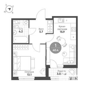 1-к квартира, строящийся дом, 40м2, 5/12 этаж