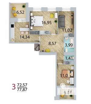 3-к квартира, строящийся дом, 78м2, 1/10 этаж