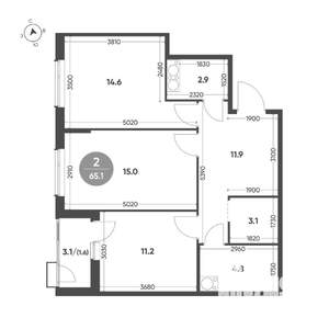 2-к квартира, вторичка, 65м2, 12/15 этаж