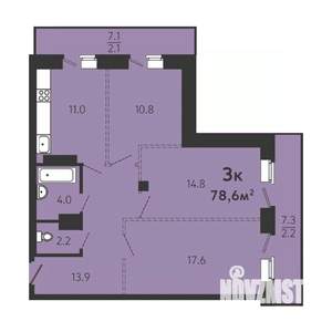 3-к квартира, строящийся дом, 74м2, 5/16 этаж