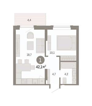 1-к квартира, вторичка, 42м2, 6/9 этаж