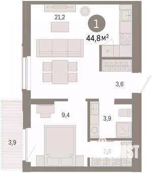 1-к квартира, вторичка, 45м2, 3/16 этаж
