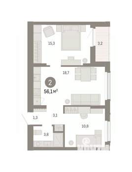 2-к квартира, вторичка, 56м2, 7/8 этаж