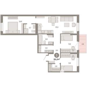 3-к квартира, вторичка, 84м2, 6/9 этаж