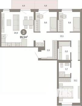 3-к квартира, вторичка, 96м2, 4/9 этаж