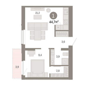 1-к квартира, вторичка, 45м2, 6/16 этаж